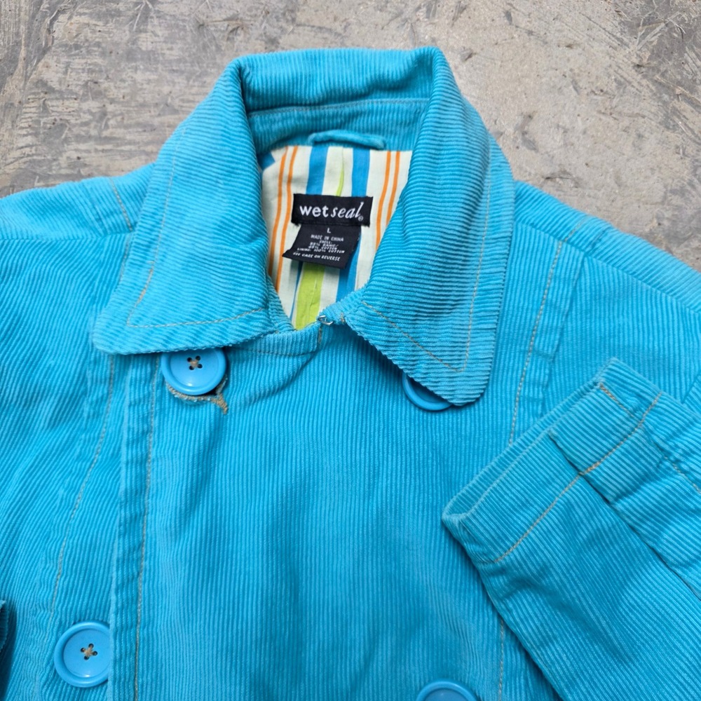 Wet Seal Teal Corduroy Double Breasted Blazer Jacket Womens Large Striped Lining